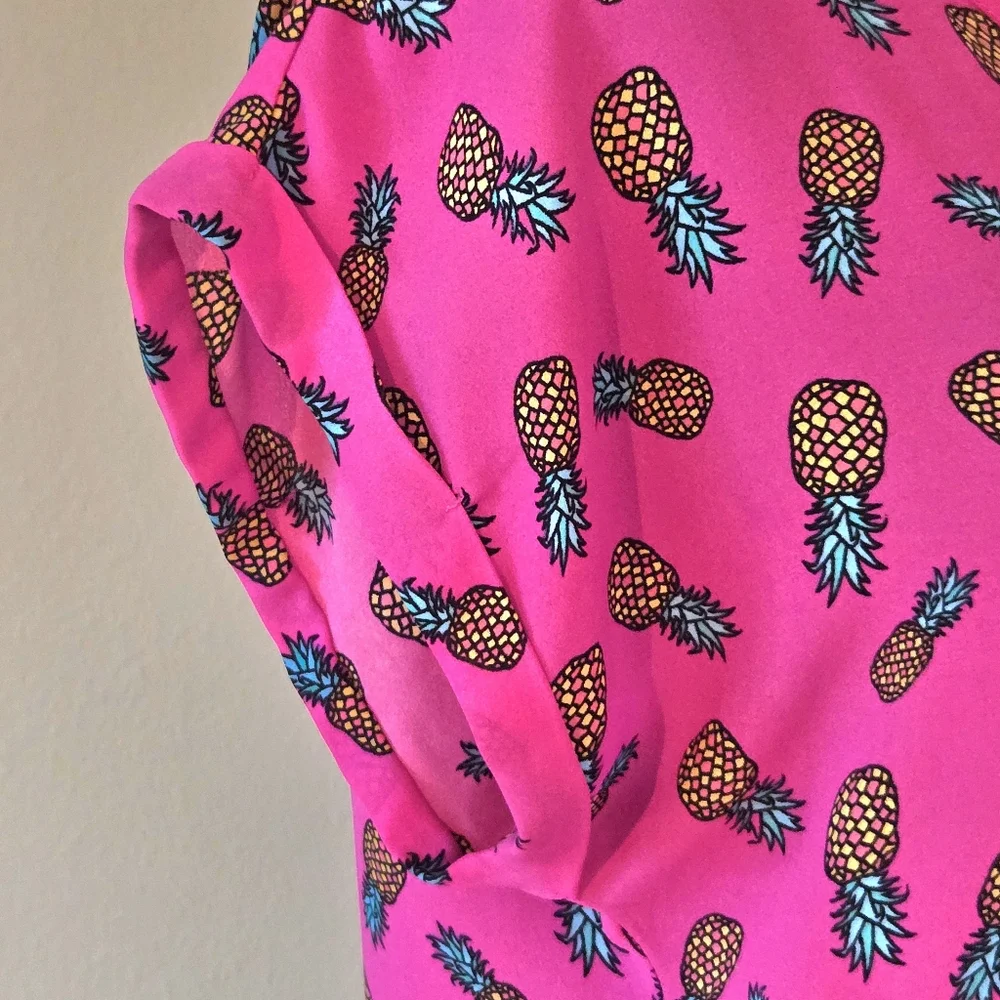 Playful Pineapples Pink Allover Print Top, Hi Low Hem, Cuff Sleeves by Pink Rose - Picture 3 of 6